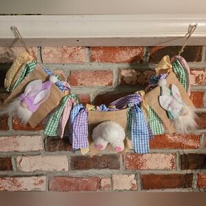 Handmade Easter Bunny Garden Gnome Garland Decor Plaid Ribbon Rustic Cottagecore
